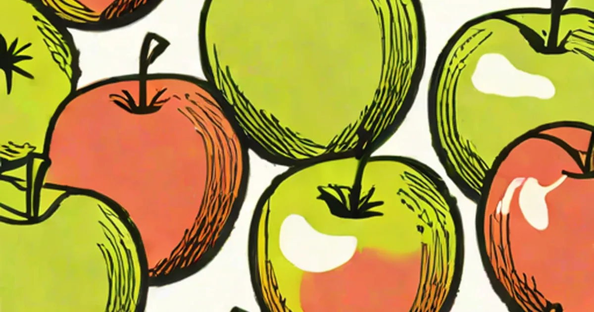 Illustrated apples in yellow-green and red with bold black outlines and white highlights