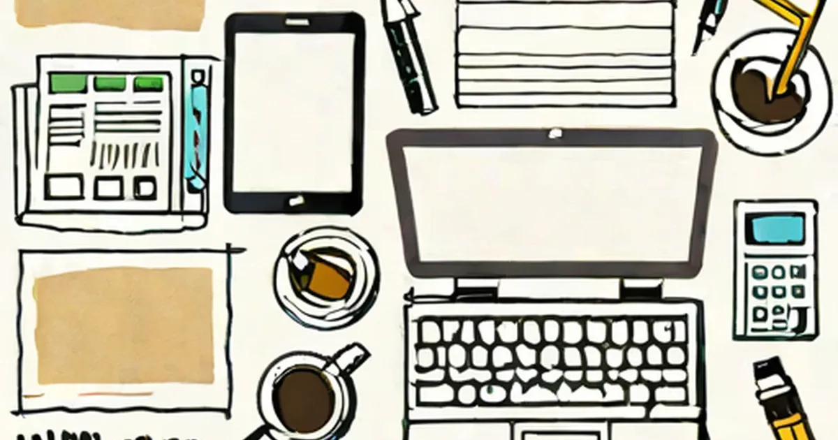 Flat illustration of a workspace viewed from above with laptop, phone, and tablet