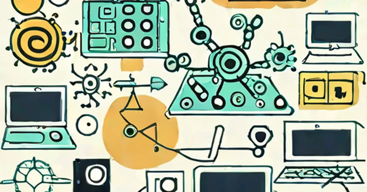 Virus characters with gear icons spreading between multiple connected computers