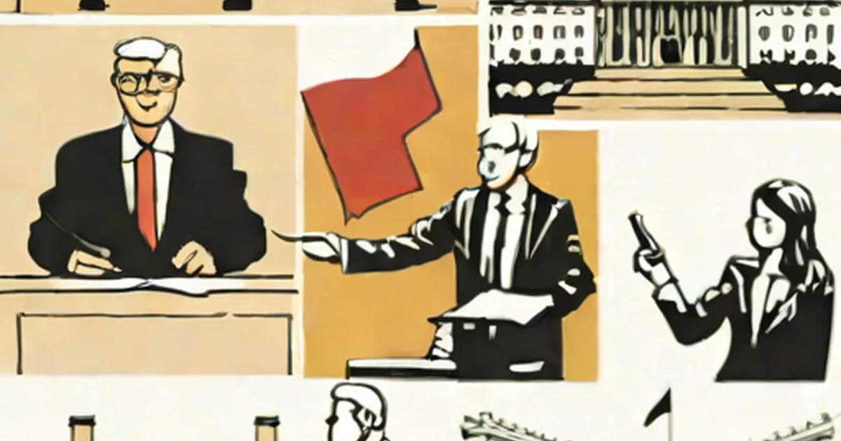 Retro-style illustrations of government officials, including one holding a communist flag