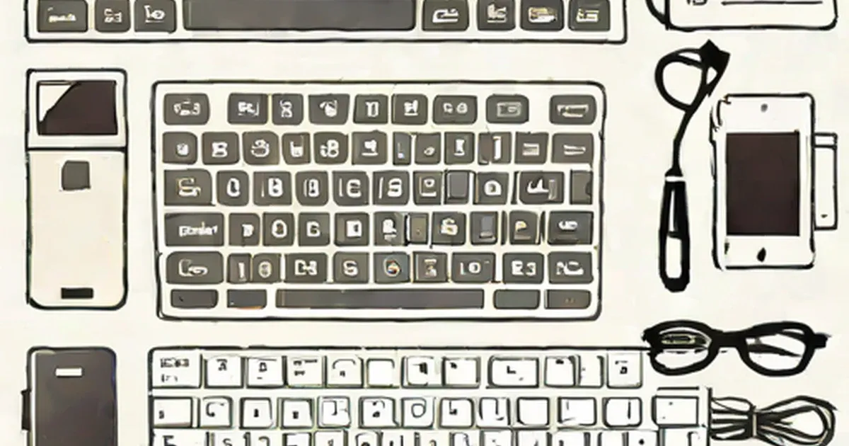 Mechanical keyboard, laptop, smartphone, stylus, and eyeglasses in line drawings