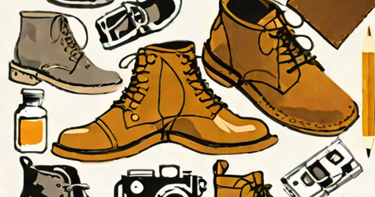 Illustrated leather boots in different styles and colors with care products