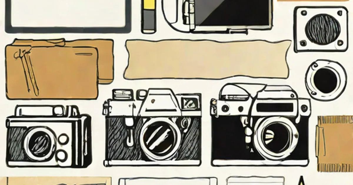 Collection of illustrated cameras, phones, and speakers displayed in a grid