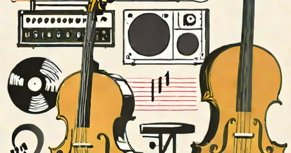 Violins, vinyl record, amplifier, speakers, and musical notation in illustration style