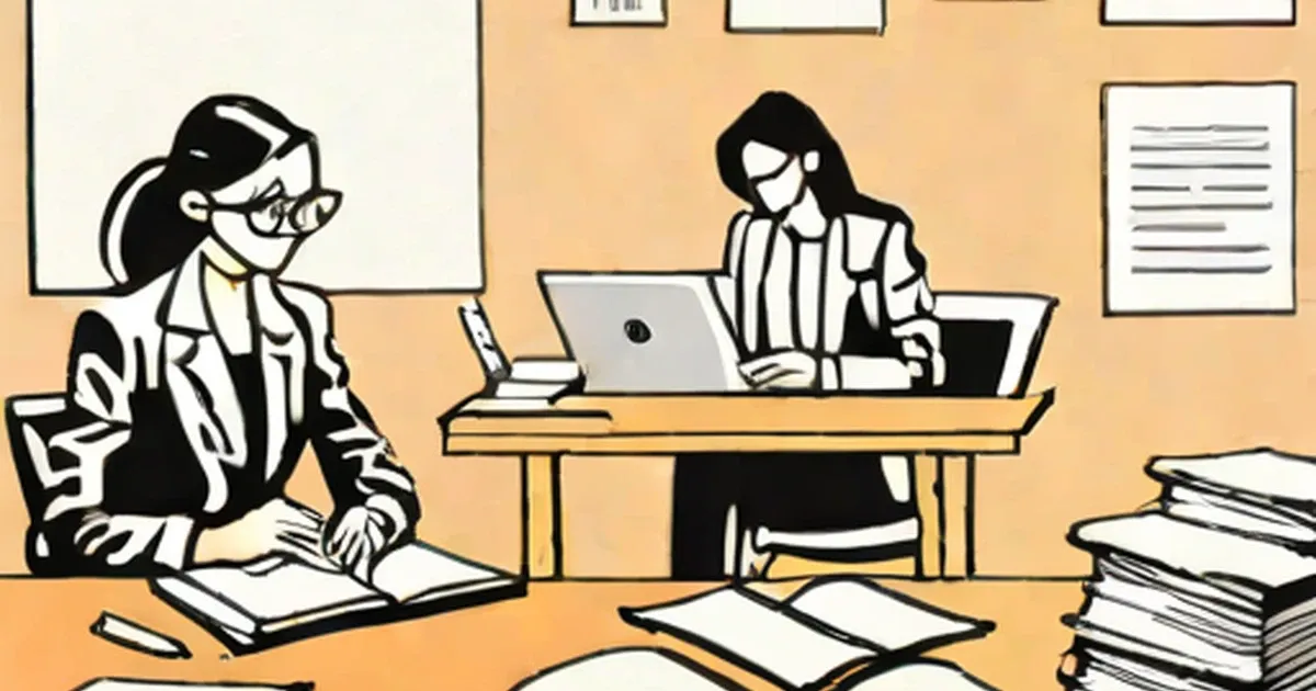 Two figures at desks surrounded by papers, books, and a laptop