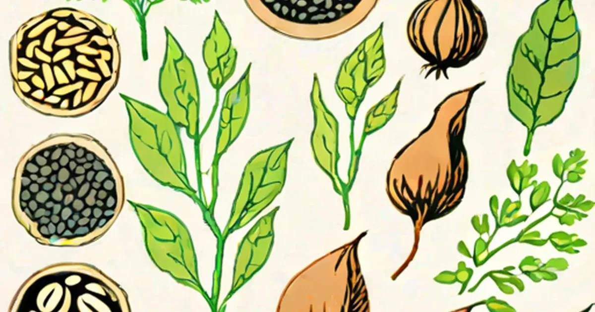 Botanical illustration showing cross-sections of seeds, seedpods, and green leafy stems arranged on a cream background