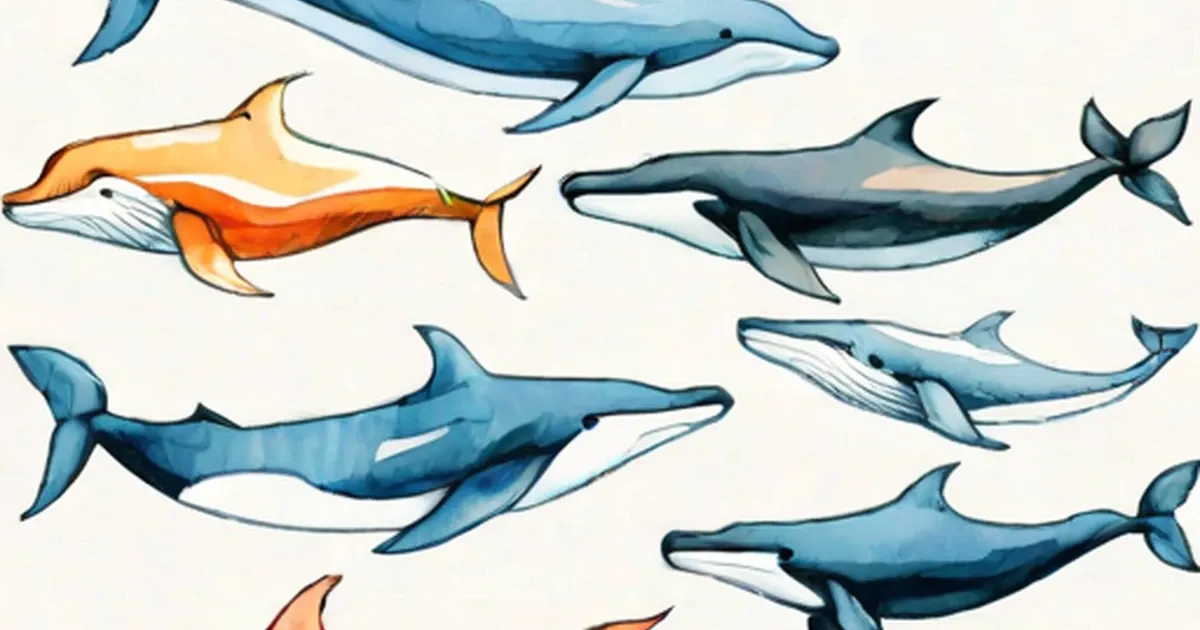 Illustrated whales of different species shown in various sizes and colors