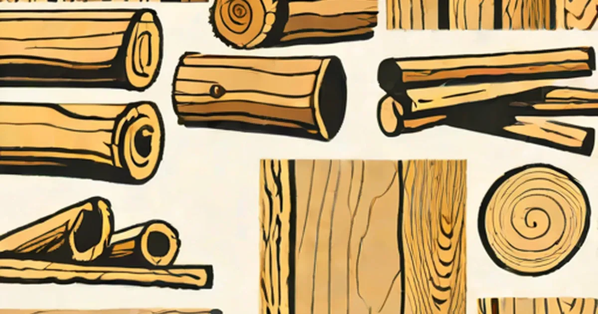 Hand-drawn wood illustrations showing logs, cross-sections, and grain textures