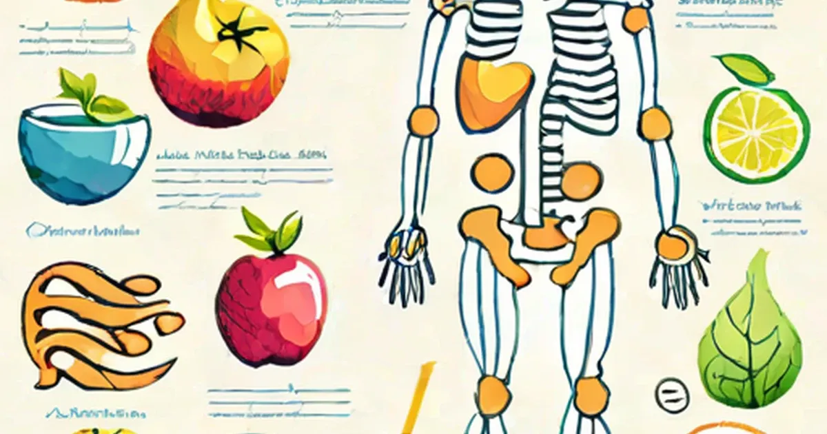 Child figure with colorful digestive organs illustrated alongside apple, citrus, and other foods