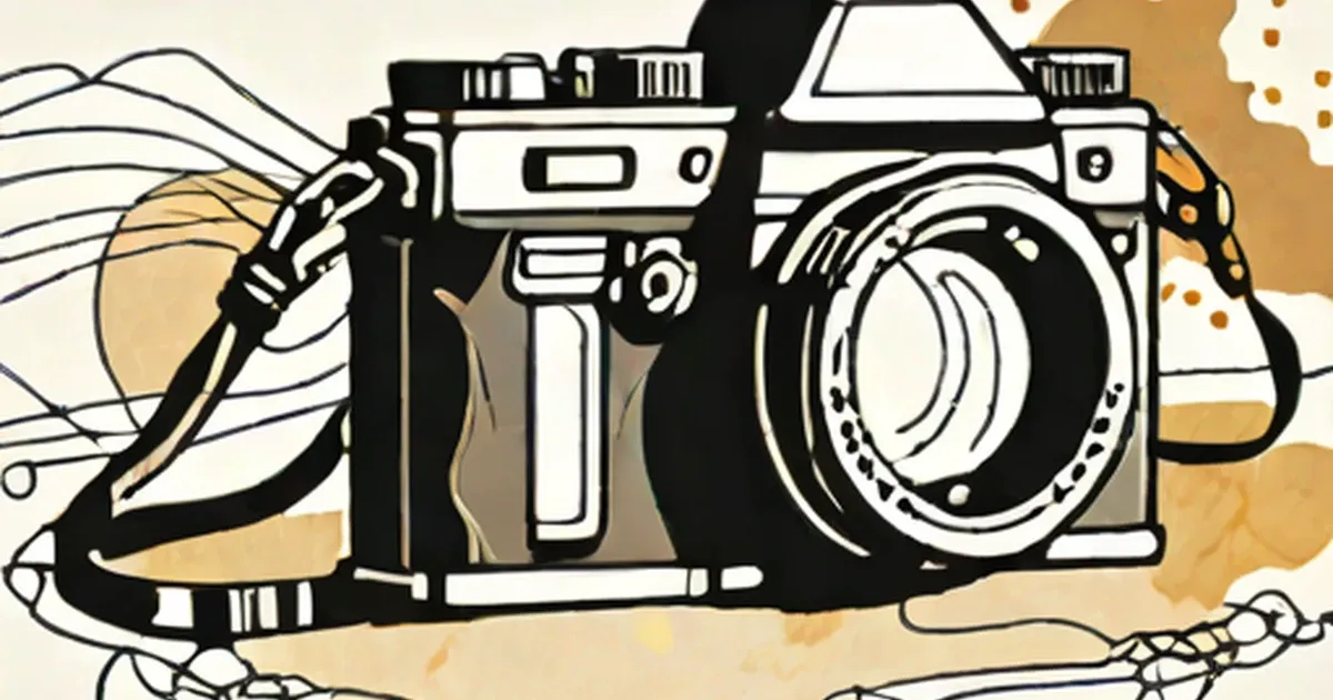 Hand-drawn camera with shoulder strap against watercolor and tan background