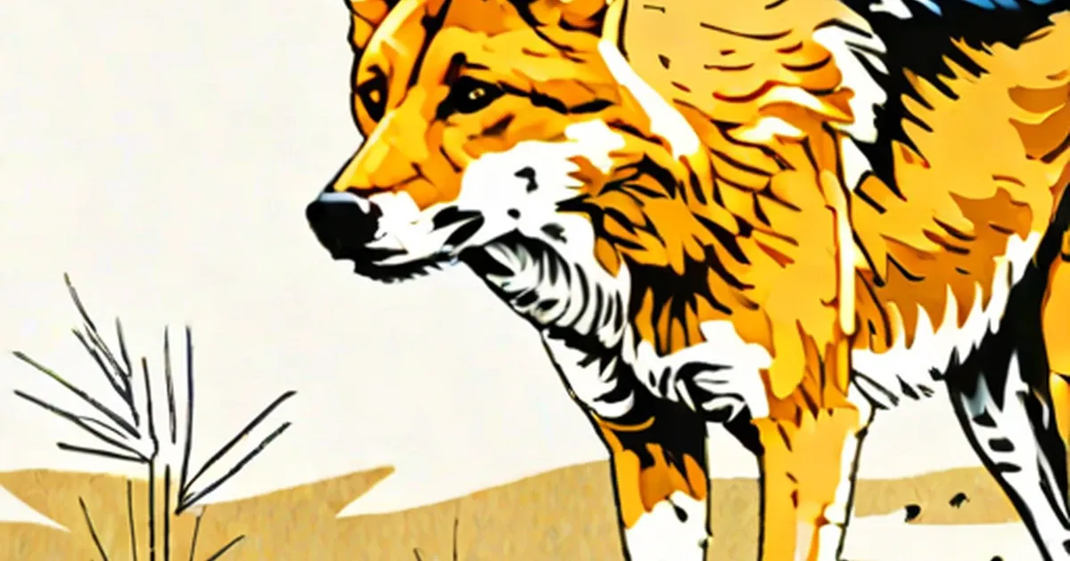 Illustrated dingo with golden and white fur and pointed ears in a desert landscape