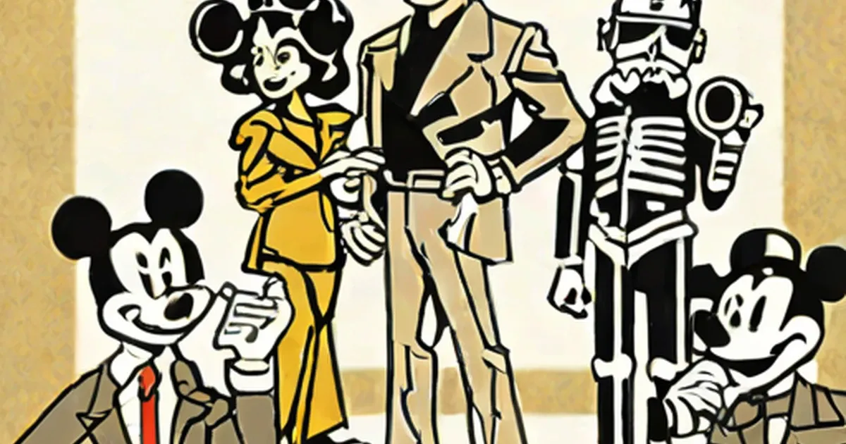 Vintage-style illustration mixing Mickey Mouse characters with business and military figures