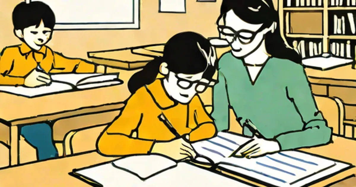 Teacher assisting a student with writing at a classroom desk