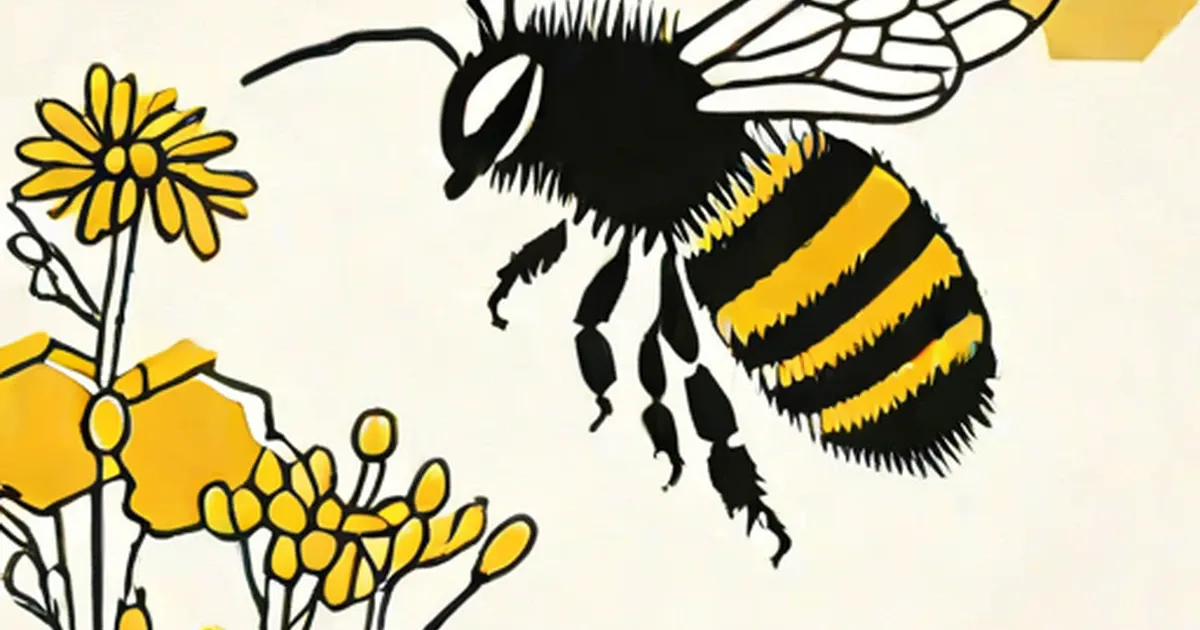 Black and yellow bee with transparent wings flying toward yellow flowers