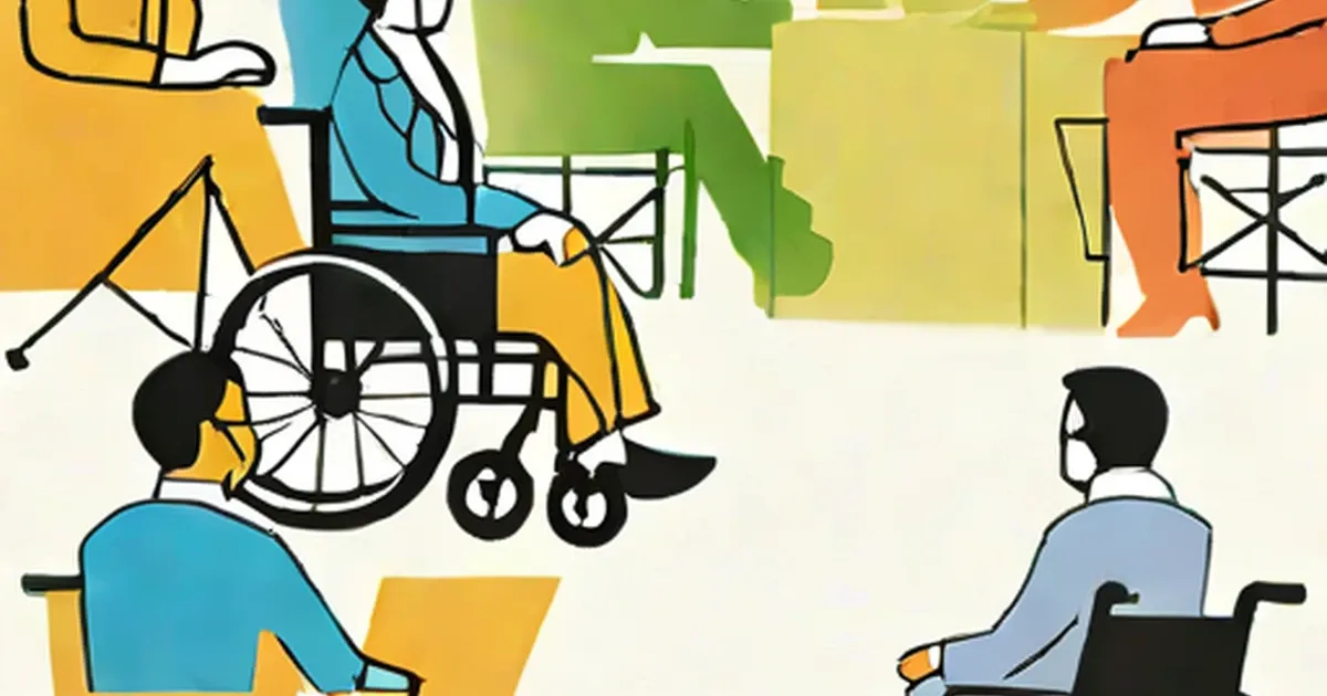 Office workers including people using wheelchairs at desks and workstations