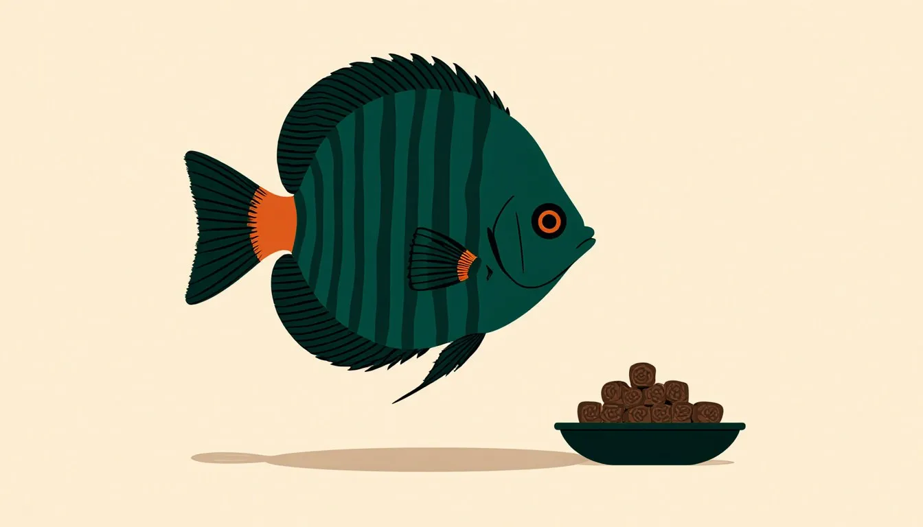A striped, disc-shaped discus fish swimming beside a small dish of homemade fish food cubes