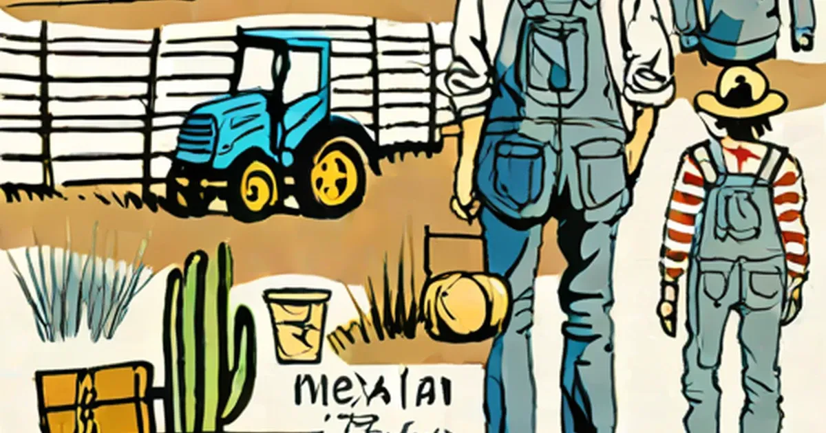 Illustration of farmland with tractor and figures wearing ripped denim jeans
