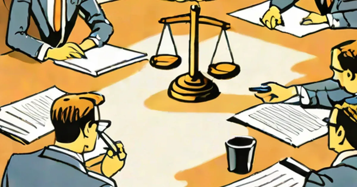 Illustrated professionals reviewing legal documents with a scales of justice on the table