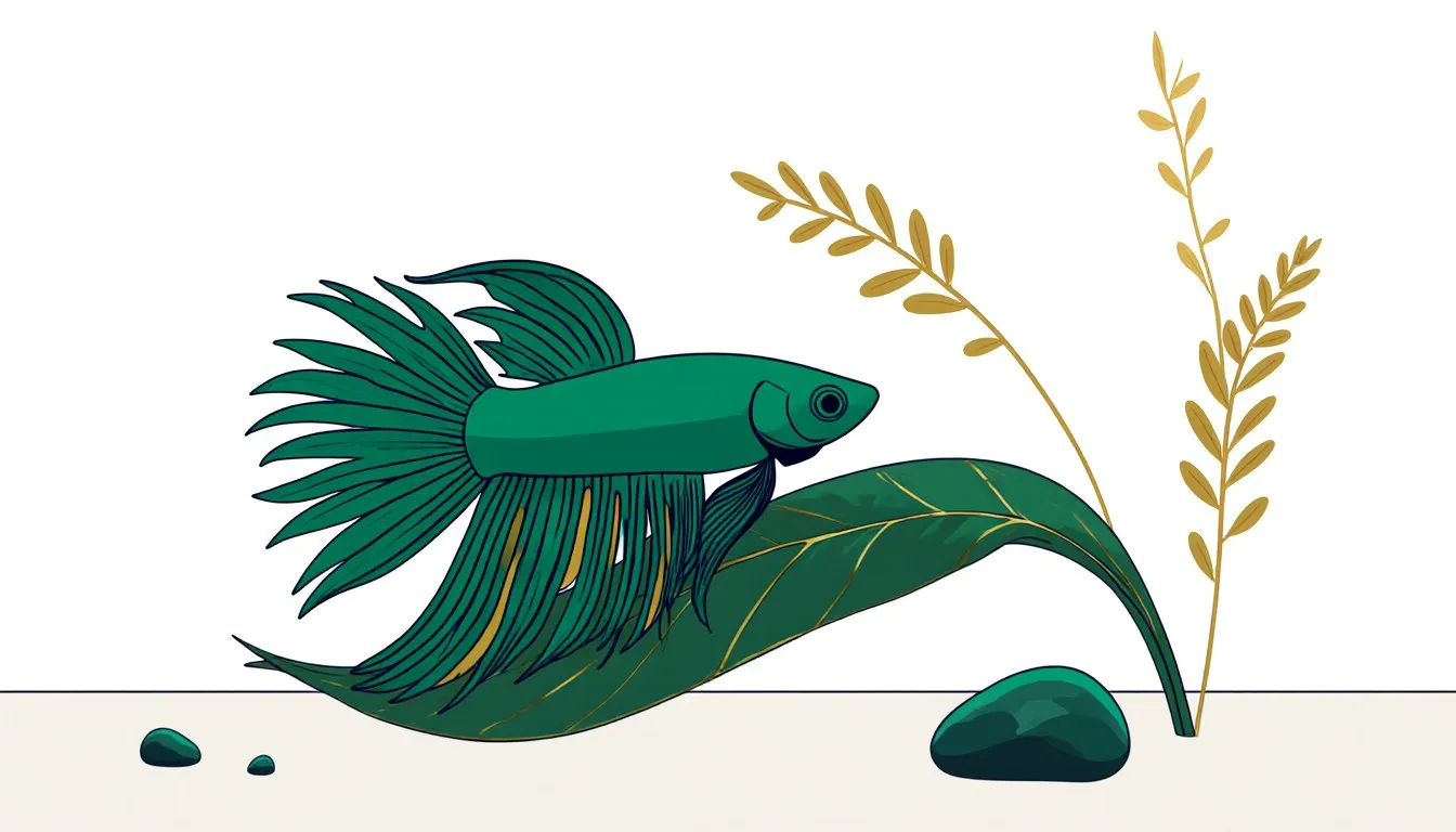 A betta fish resting motionless against an aquarium leaf, fins relaxed in a sleeping pose