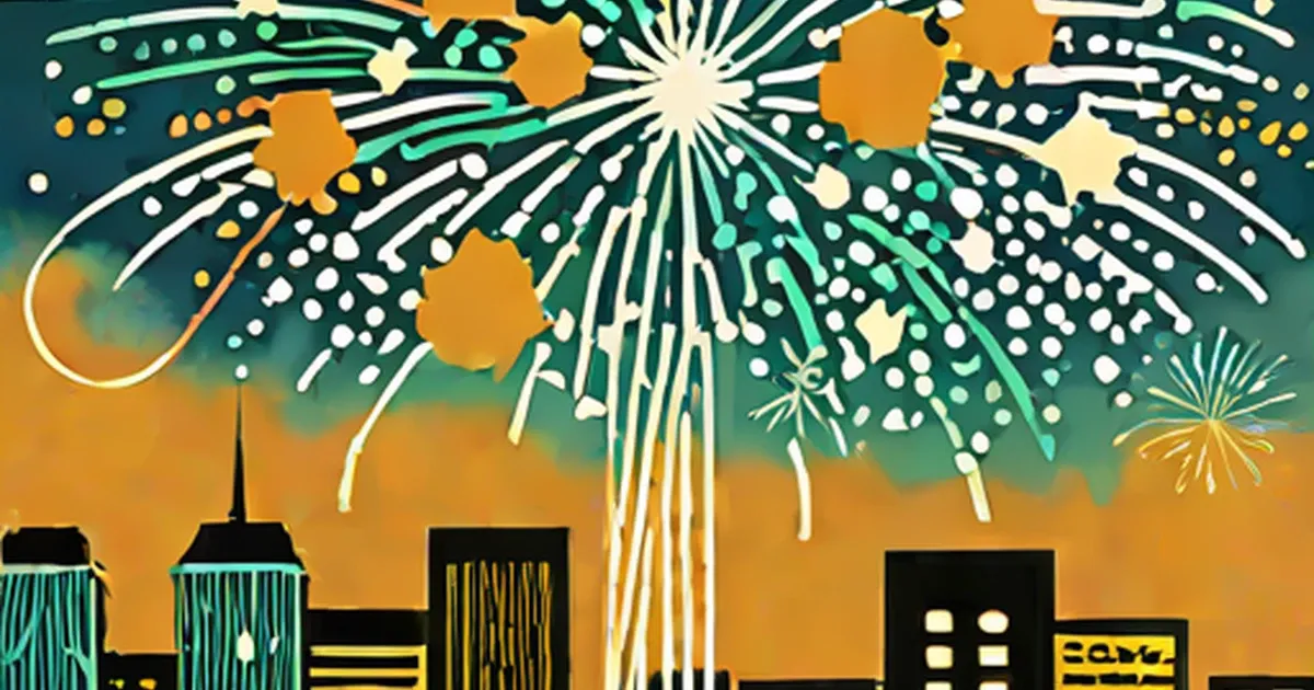 Fireworks exploding in white, orange, and green bursts over a city skyline