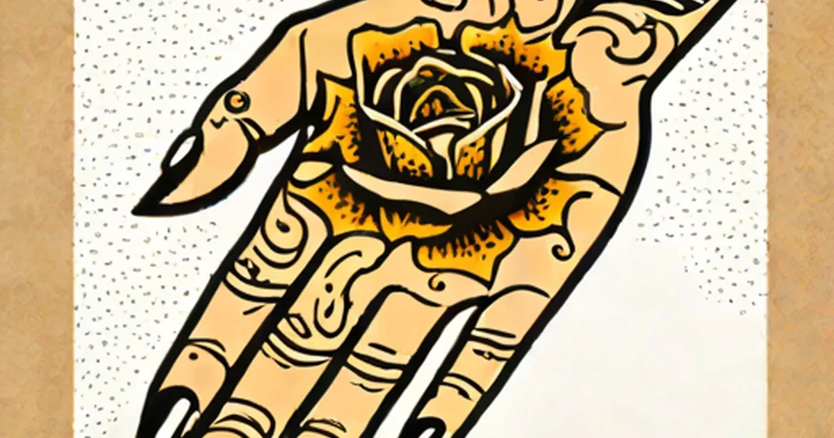 Illustrated hand covered with tattoos, featuring a large rose design