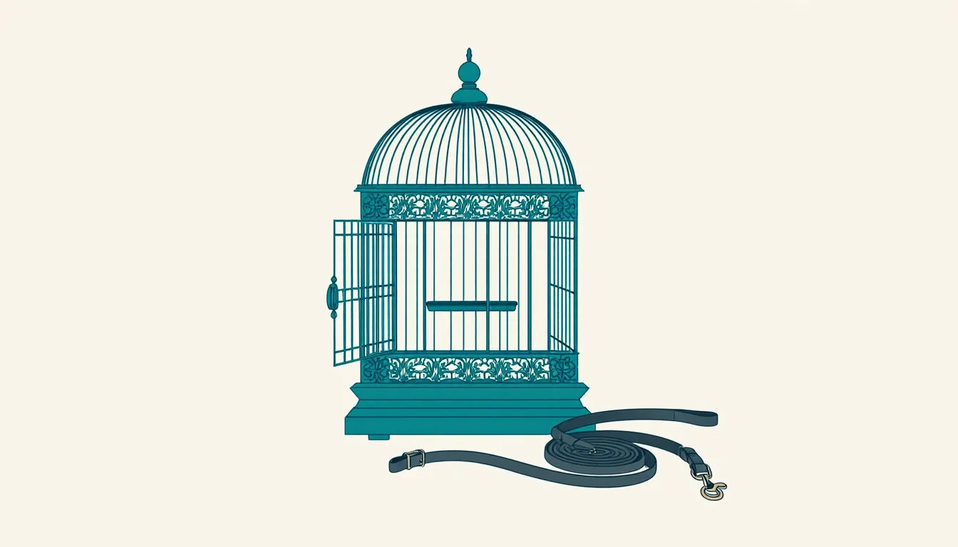 An open birdcage beside a coiled leash and collar, symbolizing the debate over keeping animals as pets