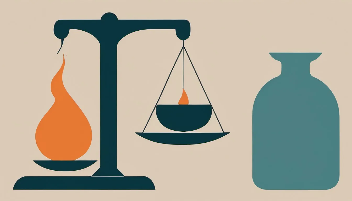 Illustration of a scale balancing a glass of diluted apple cider vinegar against a flame symbolizing heartburn