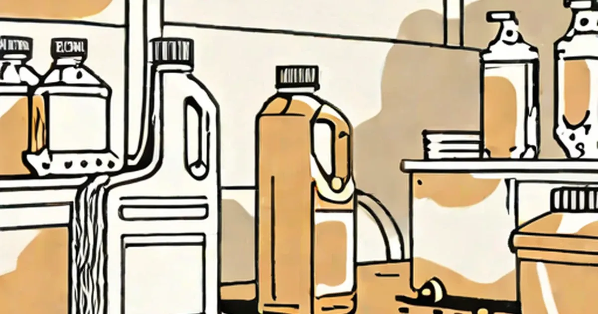Bleach and cleaning product bottles arranged on shelves