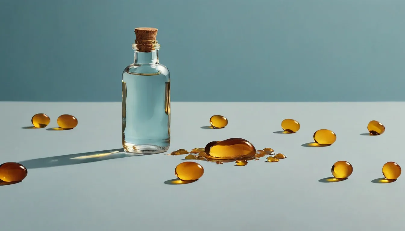 Amber fish-oil softgel capsules spilling from a tipped bottle, one split open releasing a golden oil droplet