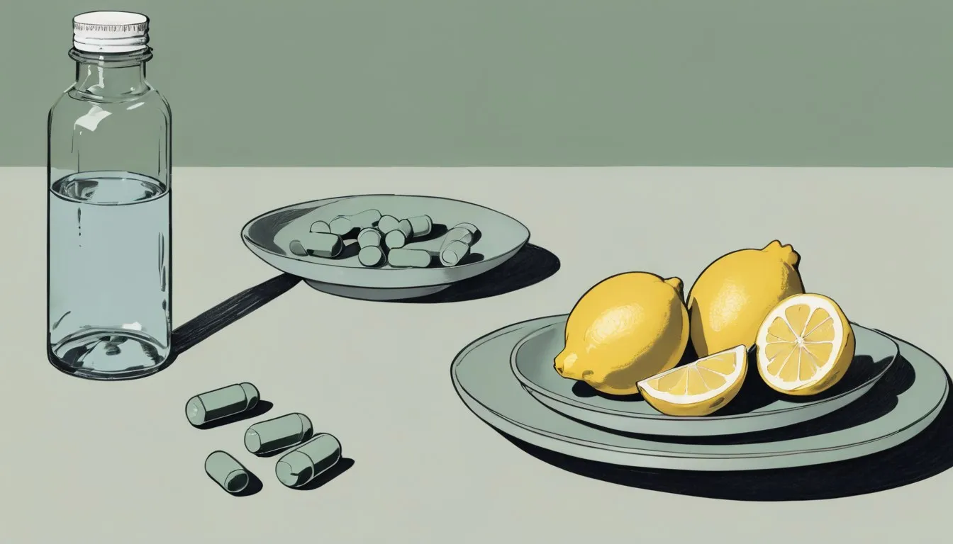 A water bottle, a dish of magnesium capsules, and a plate of lemons on a sage green table