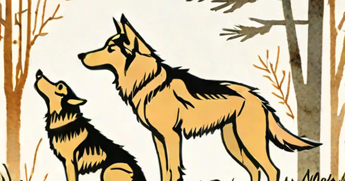 Illustrated comparison of a wolf and domestic dog in a woodland setting