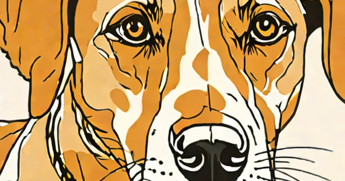 Illustrated dog faces in orange and white, looking forward