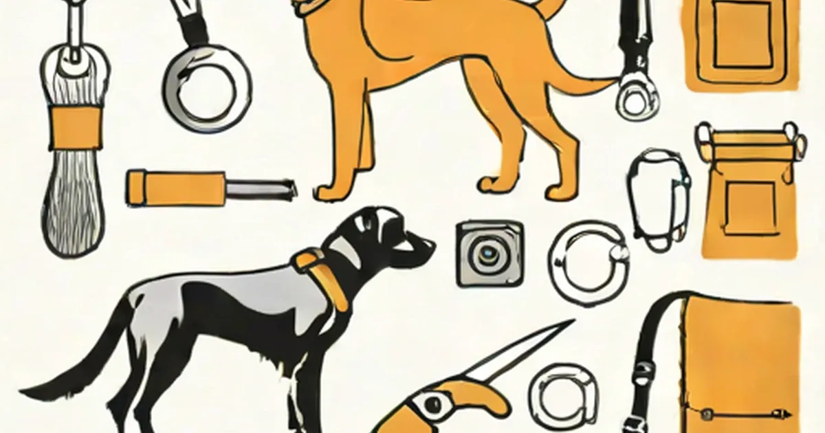 Illustrated dog training tools including leash, clicker, toys, brush, and food bowls