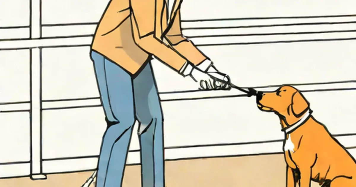 Person and yellow dog with leash in fenced enclosure