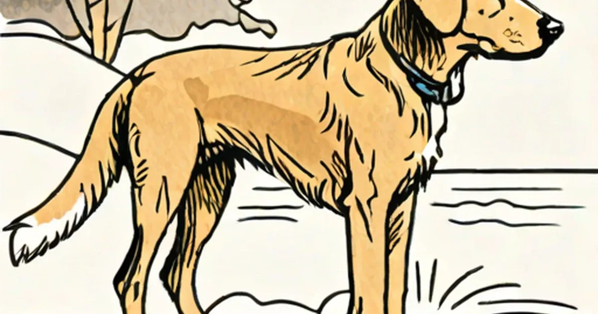 Illustration of a golden dog with black markings and blue collar