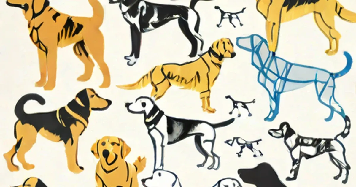Illustrated dogs of different breeds in various colors and sizes