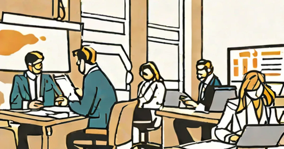 Business professionals working with laptops and documents at office desks