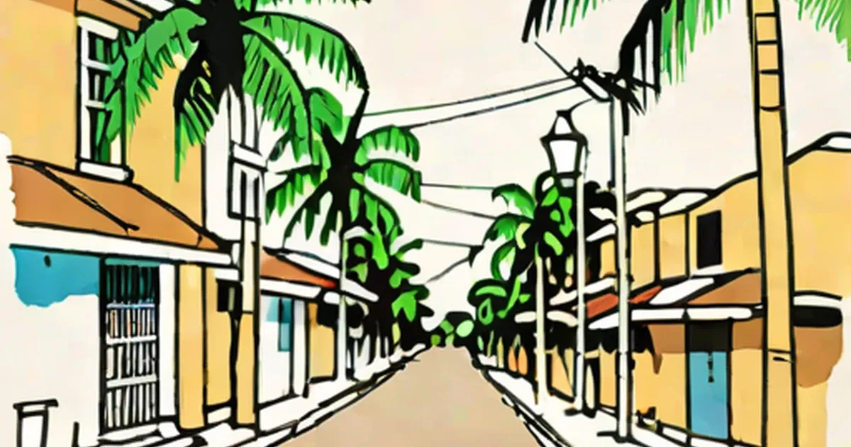Colonial street illustration with yellow buildings and palm fronds overhead