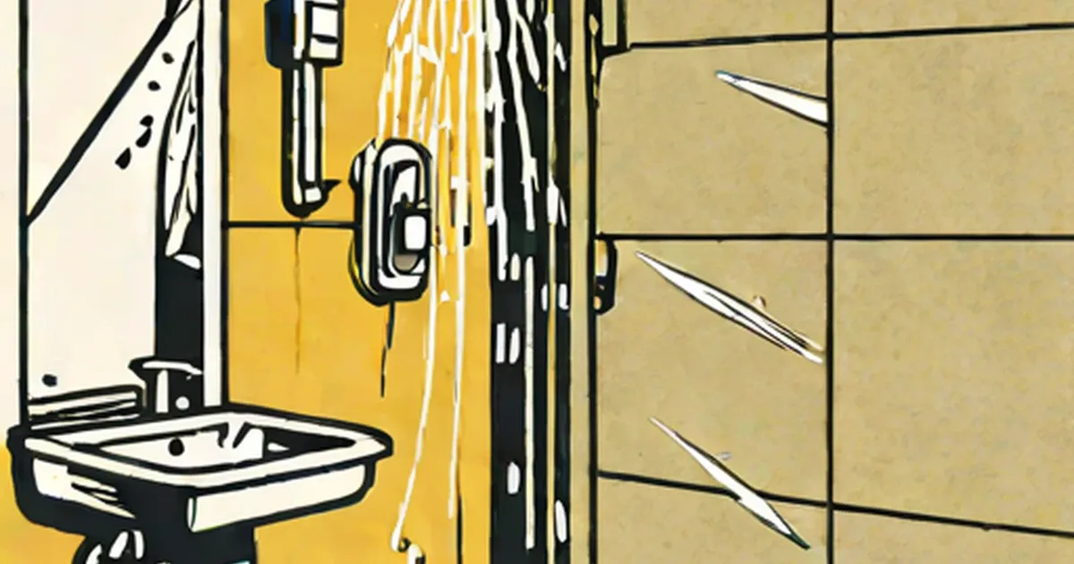 Illustration of a prison cell shower with sink, water streams, and metal bars
