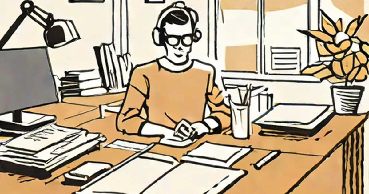 Editor reviewing stacks of papers at a desk with headphones