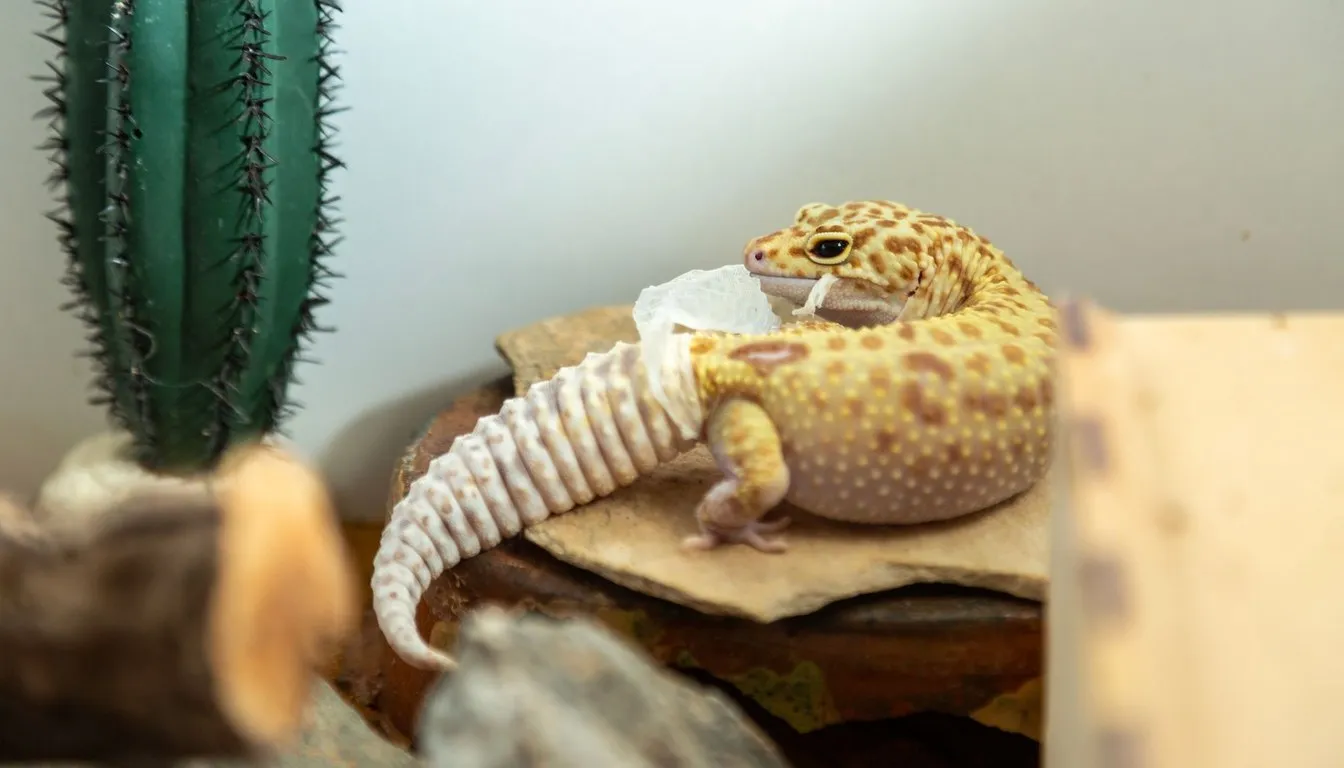 A leopard gecko licking its lips beside a cactus