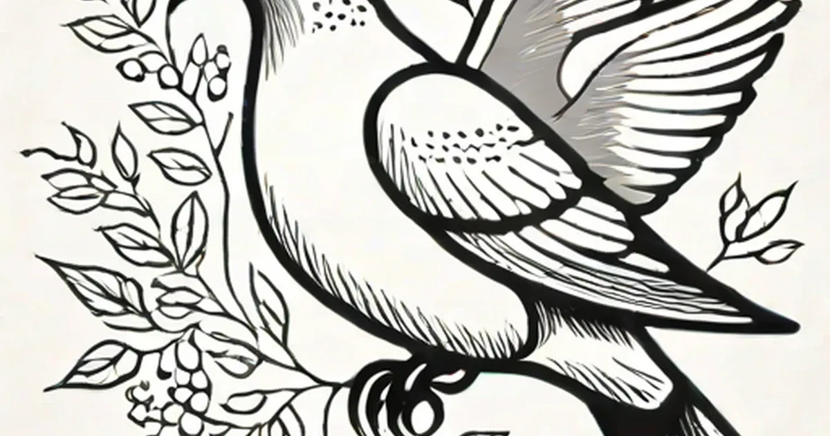 Dove with spread wings surrounded by flowering branches