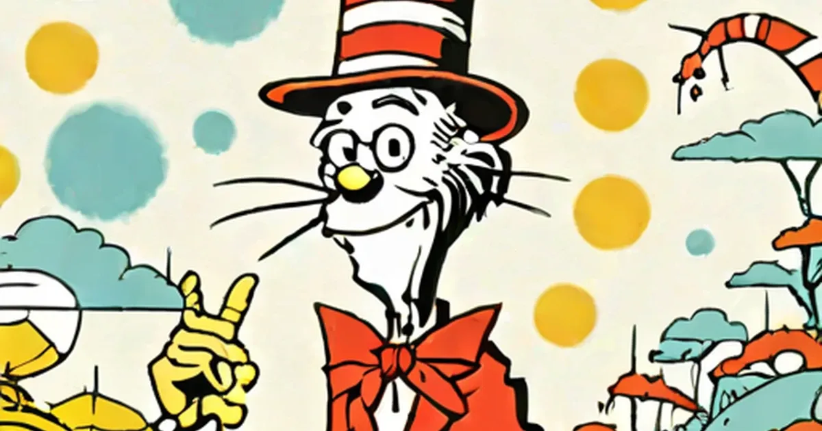 Cat in the Hat wearing tall red and white striped hat with red bow, making peace sign