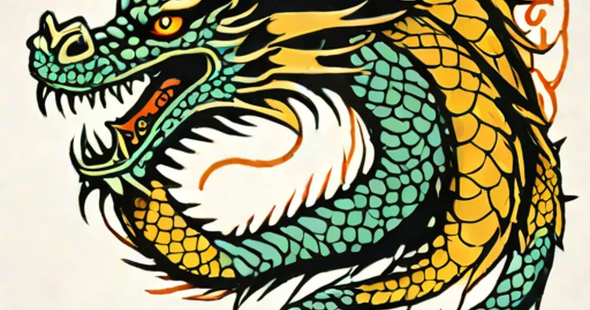 Dragon with turquoise and gold scales, open mouth, bared fangs, and yellow eye