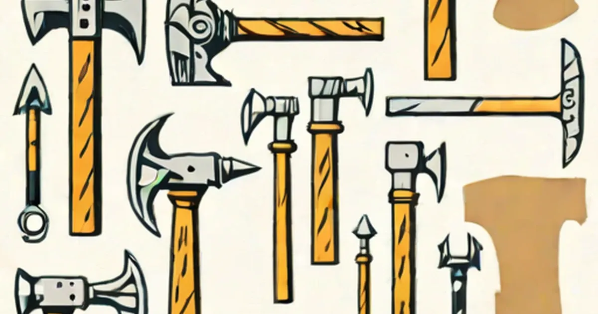 Hand tools with yellow handles including axes, hammers, and drills illustrated with an ancient artifact