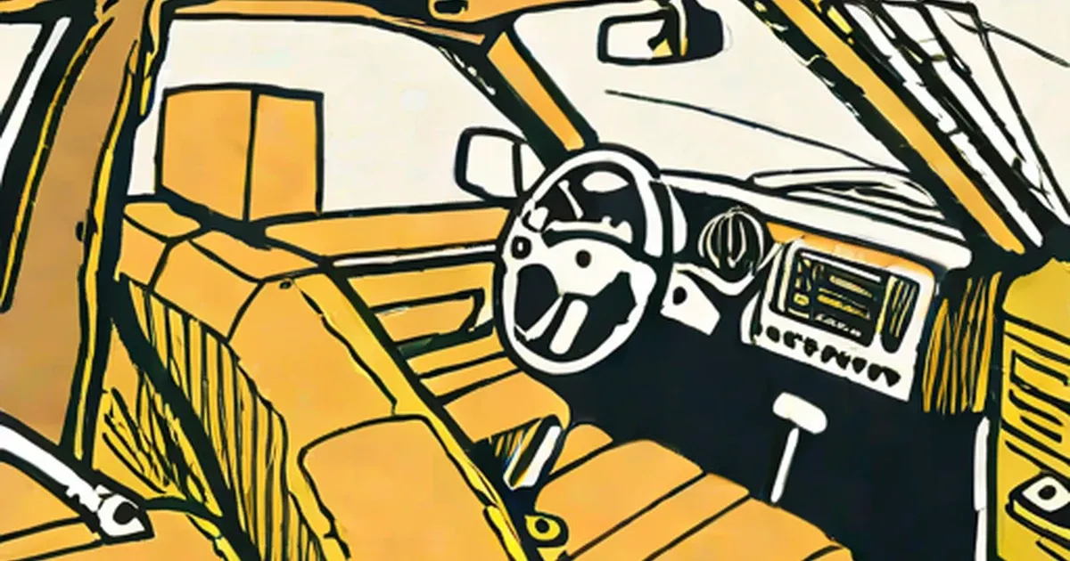 Illustrated car interior with yellow seats, steering wheel, and dashboard