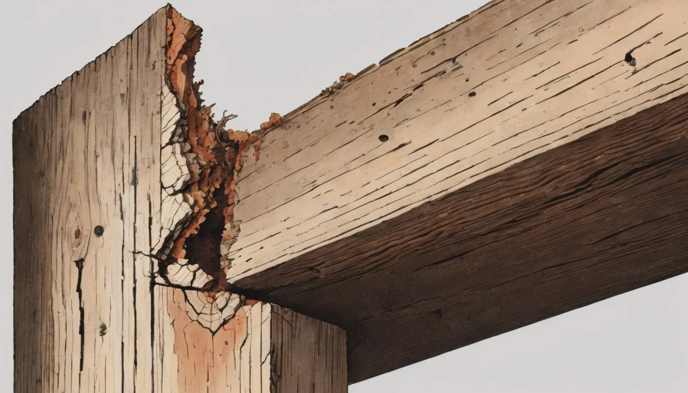 A timber beam showing crumbling dry rot damage alongside solid, treated wood grain