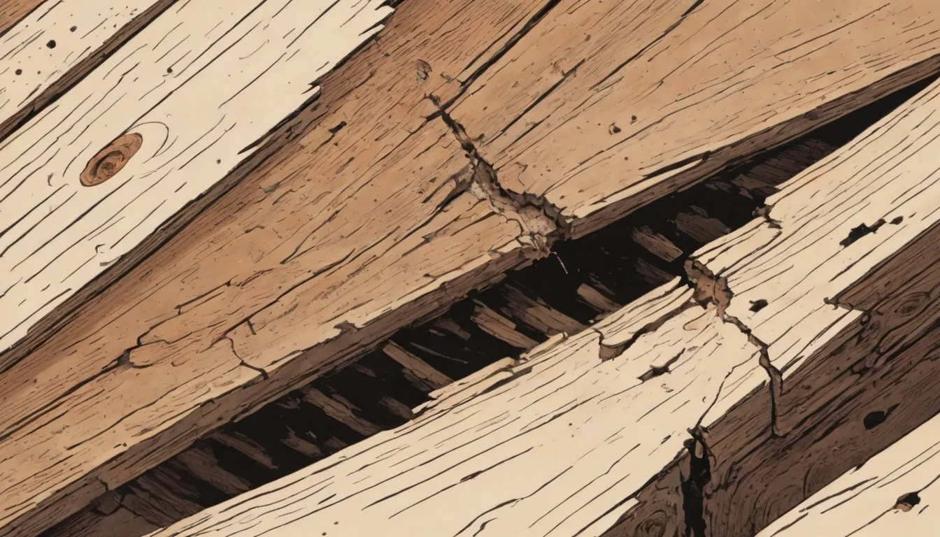 A wooden beam showing cottony dry rot fungus, a dark mold patch, and a screwdriver testing the wood's softness