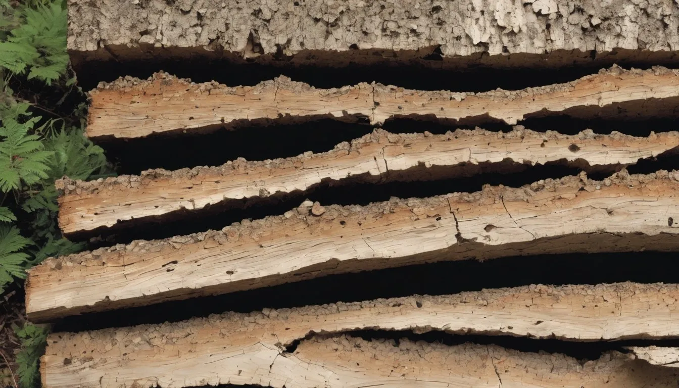 A wooden beam showing crumbling cube-shaped dry rot on one end and a mud tube with hollow tunnels from termites on the other
