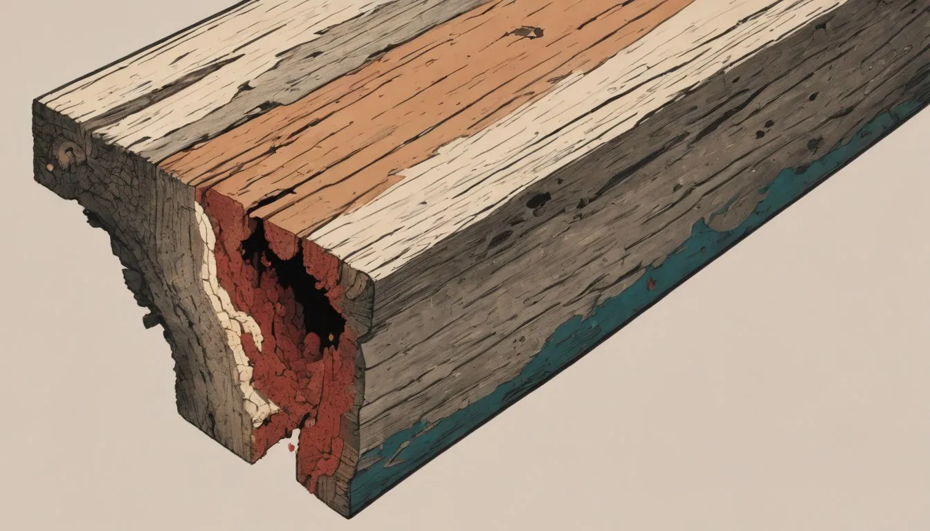 A timber beam showing cuboidal cracking of dry rot on one end and dark spongy wet rot on the other, tested with an awl